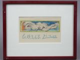 framed drawing of a baby sleeping in a red frame with the words let ' s go pis