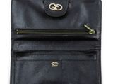 a black leather wallet with two zippers and a gold clasp