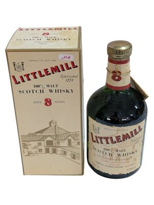 bottle of littlemill 8 year old scotch whisky next to box