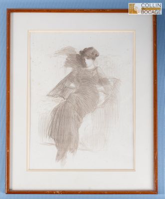 dessin représentant une femme assise sur une chaise, un éventail à la main
