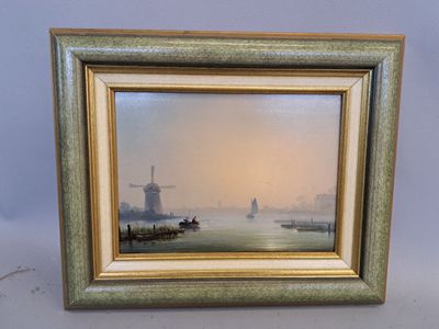 a painting of a boat in a body of water with a windmill in the background