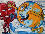 painting of a heart and a cell phone with a world map in the background