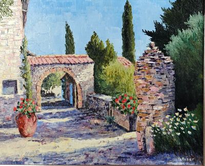une peinture à l'huile représentant une cour avec des fleurs et un mur en pierre