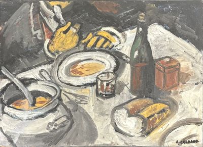 a painting of a table with food and drinks on it