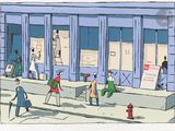illustration of a group of people walking down a sidewalk in front of a building