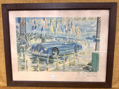 tableau représentant une voiture bleue exposé devant un public