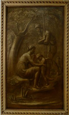 tableau représentant un homme et une femme assis sur un banc dans un cadre boisé