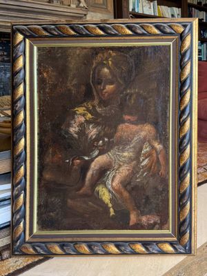 a picture of a painting of a woman holding a child