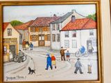 un tableau représentant des personnes et un chien dans la rue