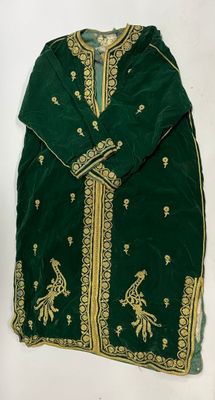 an image of a green and gold dress with a bird on it