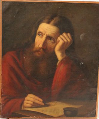 un vieux tableau représentant un homme barbu vêtu d'une chemise rouge