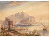 an image of a painting of a view of a bay and mountains