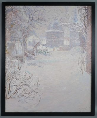 painting of a snowy landscape with a house and trees in the background