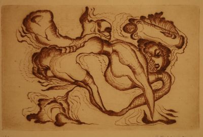dessin représentant une femme avec un serpent sur le dos