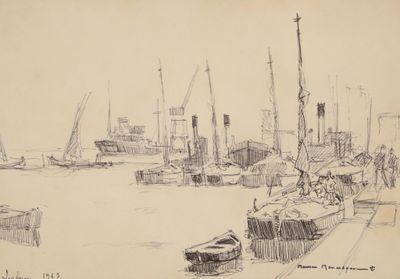 dessin représentant une scène de port avec des bateaux et des personnes marchant sur le quai