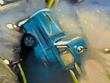a painting of a blue car in the sand