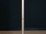 the floor lamp has a metal pole with a white light on it