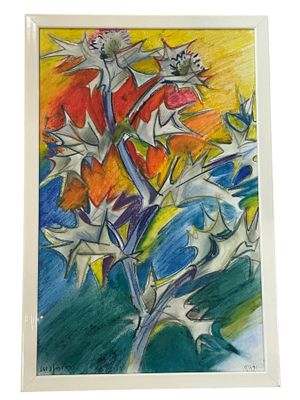 reproduction d'un tableau représentant des fleurs dans un vase posé sur une table