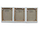 three framed pictures with writing on them hanging on a wall
