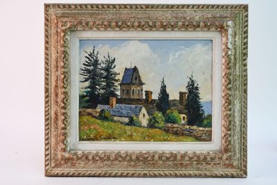 an oil painting of a house on a hill with trees in the background
