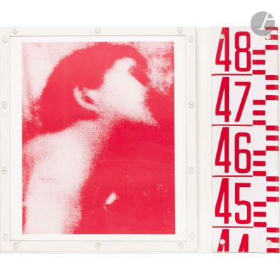 a red and white photo of a woman with numbers on it