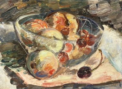une peinture représentant une coupe de fruits sur une table