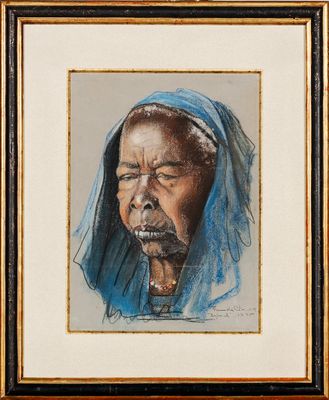 painting of an old woman with a blue scarf on her head