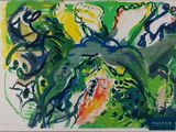 peinture abstraite représentant des fleurs vertes et jaunes dans un vase, sur un fond blanc