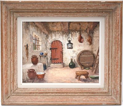 a picture of a painting of a kitchen with pots and pans