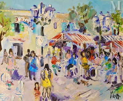 an oil painting of a busy street with people walking and shopping