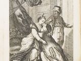 un vieux livre sur lequel figure le dessin d'un homme et d'une femme dans une pièce