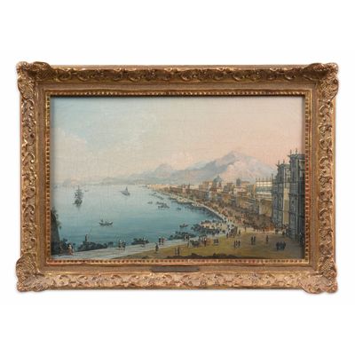 une peinture à l'huile représentant une vue d'un port avec des bateaux à l'eau