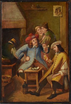 tableau représentant un groupe d'hommes assis autour d'une table dans une pièce