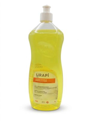 une bouteille jaune contenant un liquide, munie d'un bouchon blanc, posée sur une surface blanche