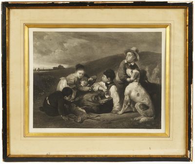 une image représentant un tableau où l'on voit un groupe d'enfants et un chien