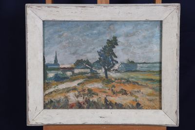 une peinture à l'huile d'un paysage avec une église au loin