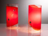 deux vases en verre contenant un liquide rouge, posés sur une table