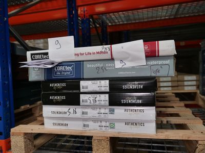 a stack of books sitting on a pallet in a warehouse