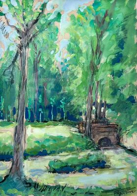 peinture représentant une peinture d'un parc avec des arbres et un banc