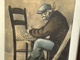 tableau représentant un homme assis sur une chaise, muni d'une canne et coiffé d'un chapeau