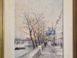 une image représentant une peinture d'une rue de ville avec un pont en arrière-plan
