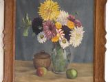 a painting of flowers in a glass vase on a table