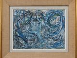 abstract painting of blue and white swirls in a gold frame