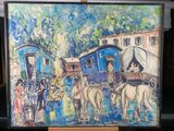 a painting of a horse drawn carriage with people on it