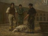 un tableau représentant un groupe d'hommes rassemblés autour d'un mouton mort