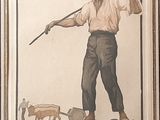 un dessin représentant un homme avec un bâton et un chien