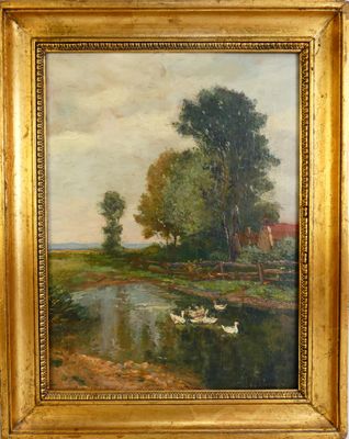 une peinture à l'huile représentant des canards dans un étang, avec une maison en arrière-plan