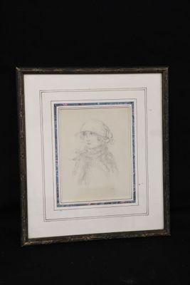 framed drawing of a woman with a hat and a scarf