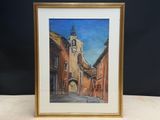 painting of a clock tower on a building in a gold frame