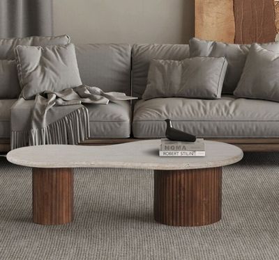 Table basse en bois de manguier avec travertin beige- 120x60…